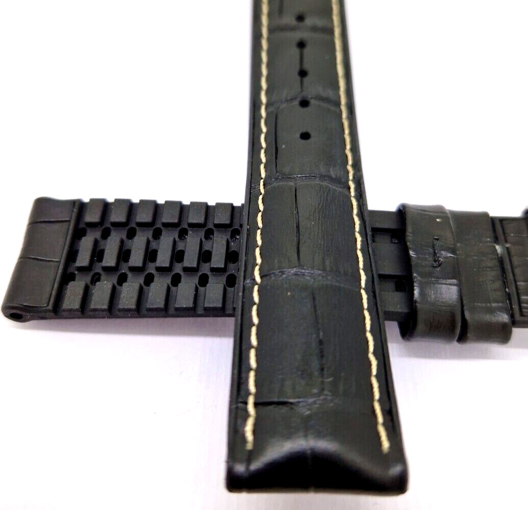 Black Waterproof White Stitched Bracelet 20mm Rubber + Leather / 26