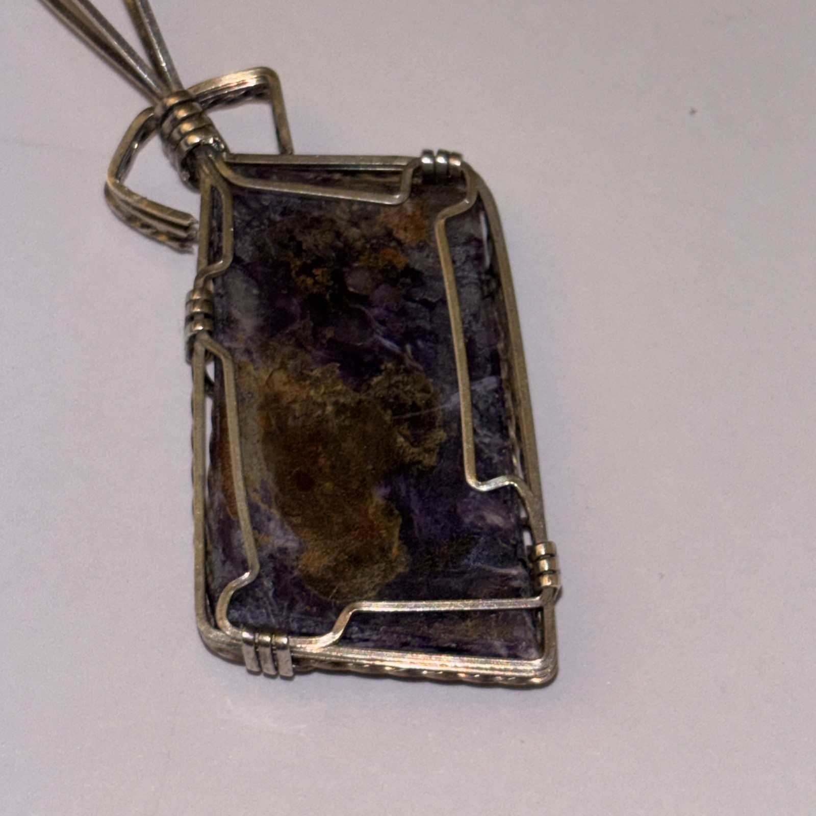 Charoite Stone 1.5” Pendant Asymmetrical Wire Wrap Purple With Silver Tone