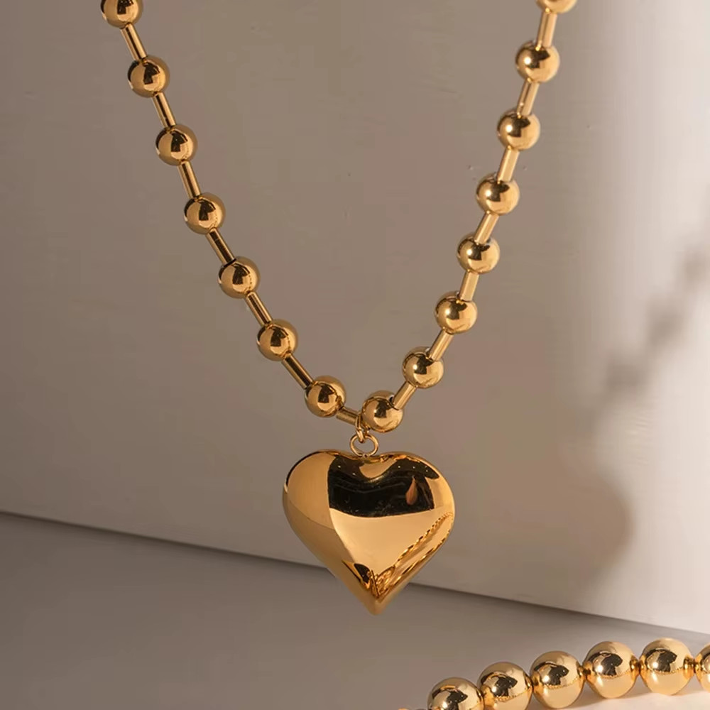 Stainless Steel Heart Necklaces for Women 6Mm Gold/Silver Color Metal Ball Bead