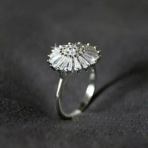 2.00Ct Round Baguette Cut Real Mossanite Ring 14K White Gold Plated