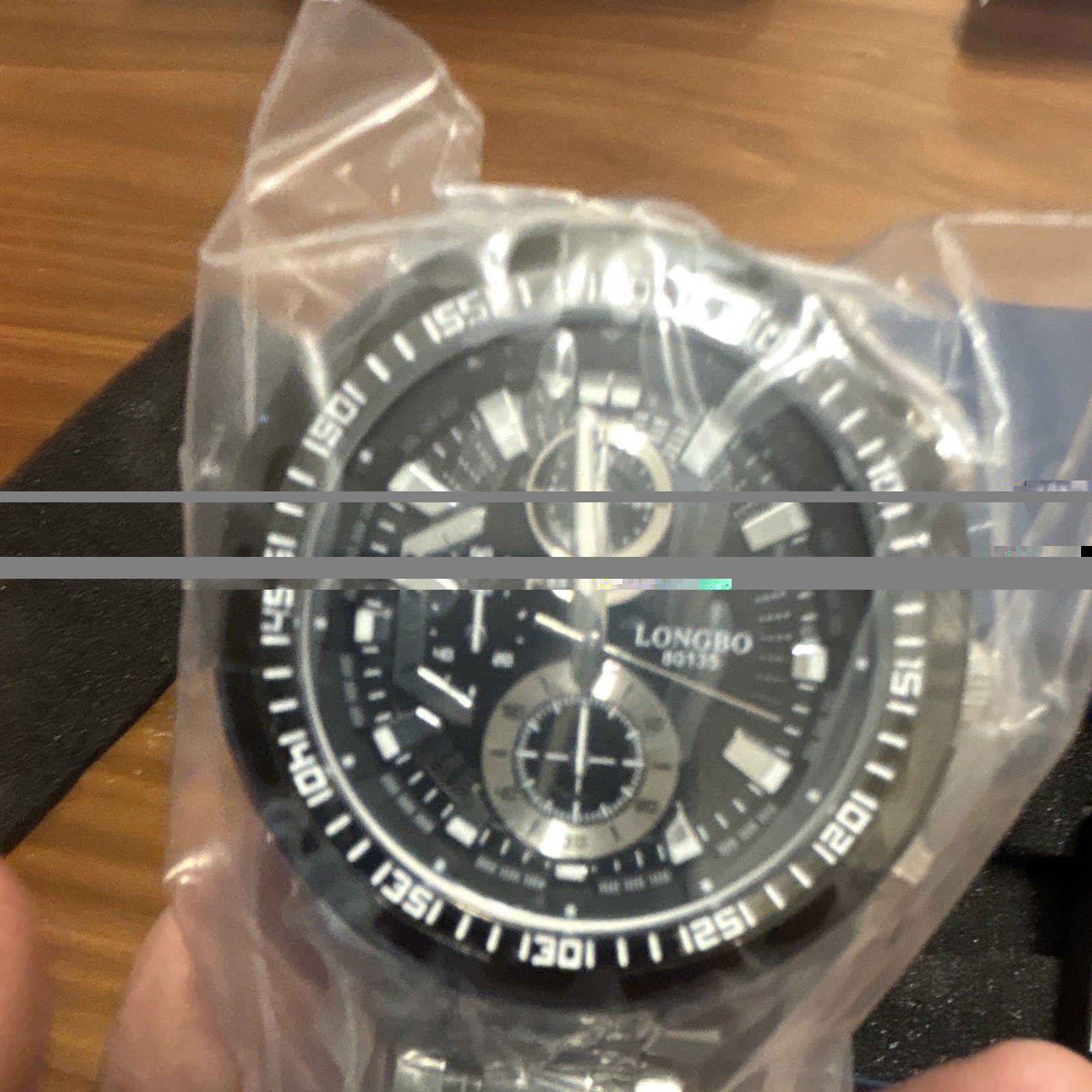 LONGBO 80113 Quartz Chronograph Watch Black Dial Silver Steel Bracelet Box