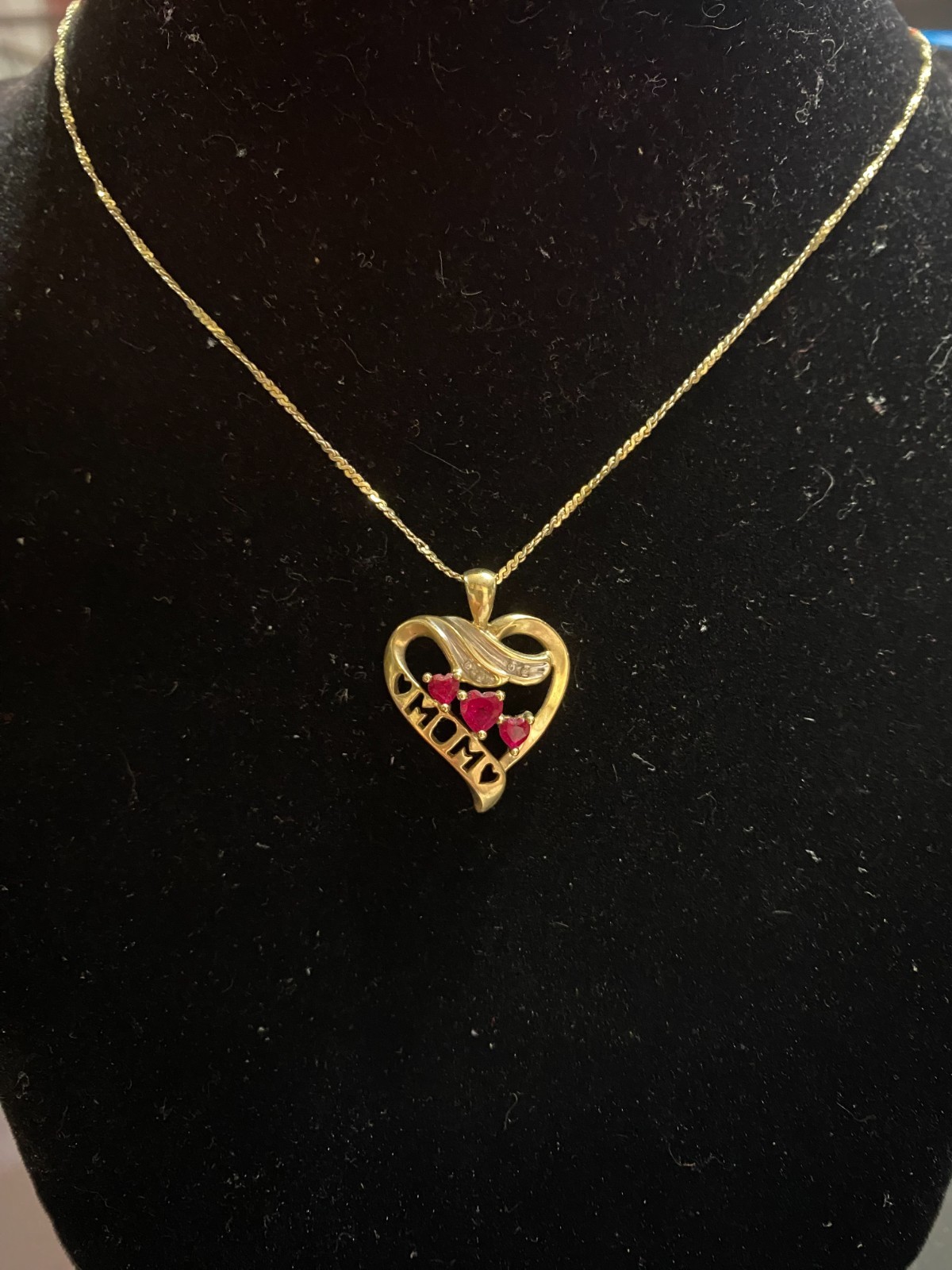 10K Gold MOM Heart Pendant Ruby Stone Charm on 20″ Gold Plated 925 Italy Chain