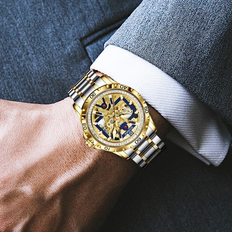Automatic Watches for Men-Rhinestone Ring Open Dial, Skeleton Mechanical Self…