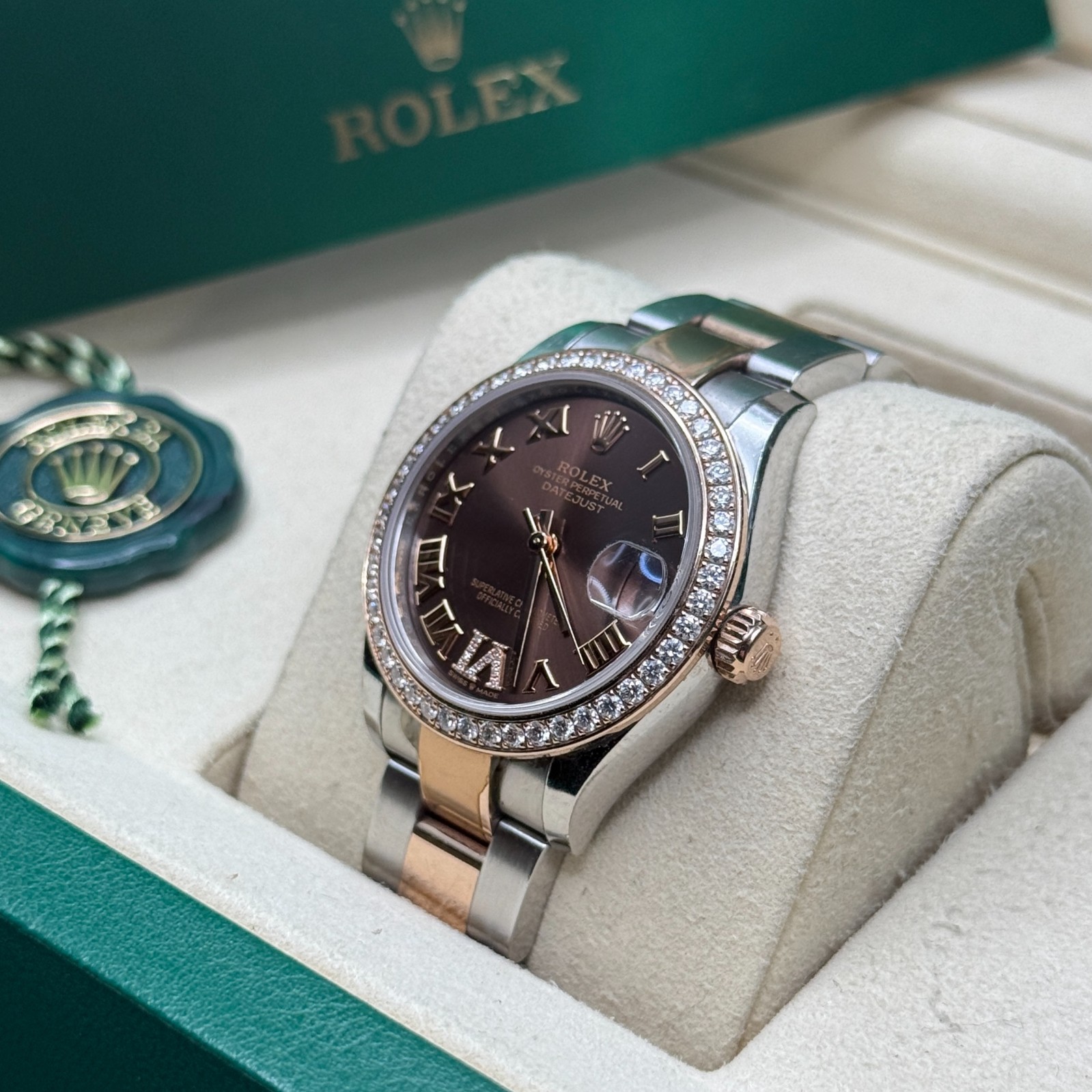 Rolex Datejust 31 Chocolate Roman Diamond Two Tone Rose Diamond Bezel Oyster