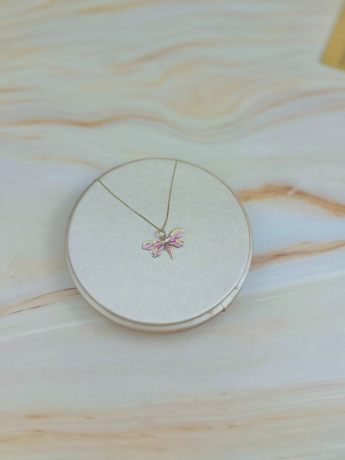 14K Solid Gold Pink Dragonfly Pendant Insect, Animal Necklace Hand-Painted Italy