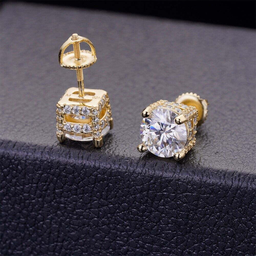 Moissanite 3D Iced Solitaire Screwback Stud Earrings Real 14k Gold Plated Silver