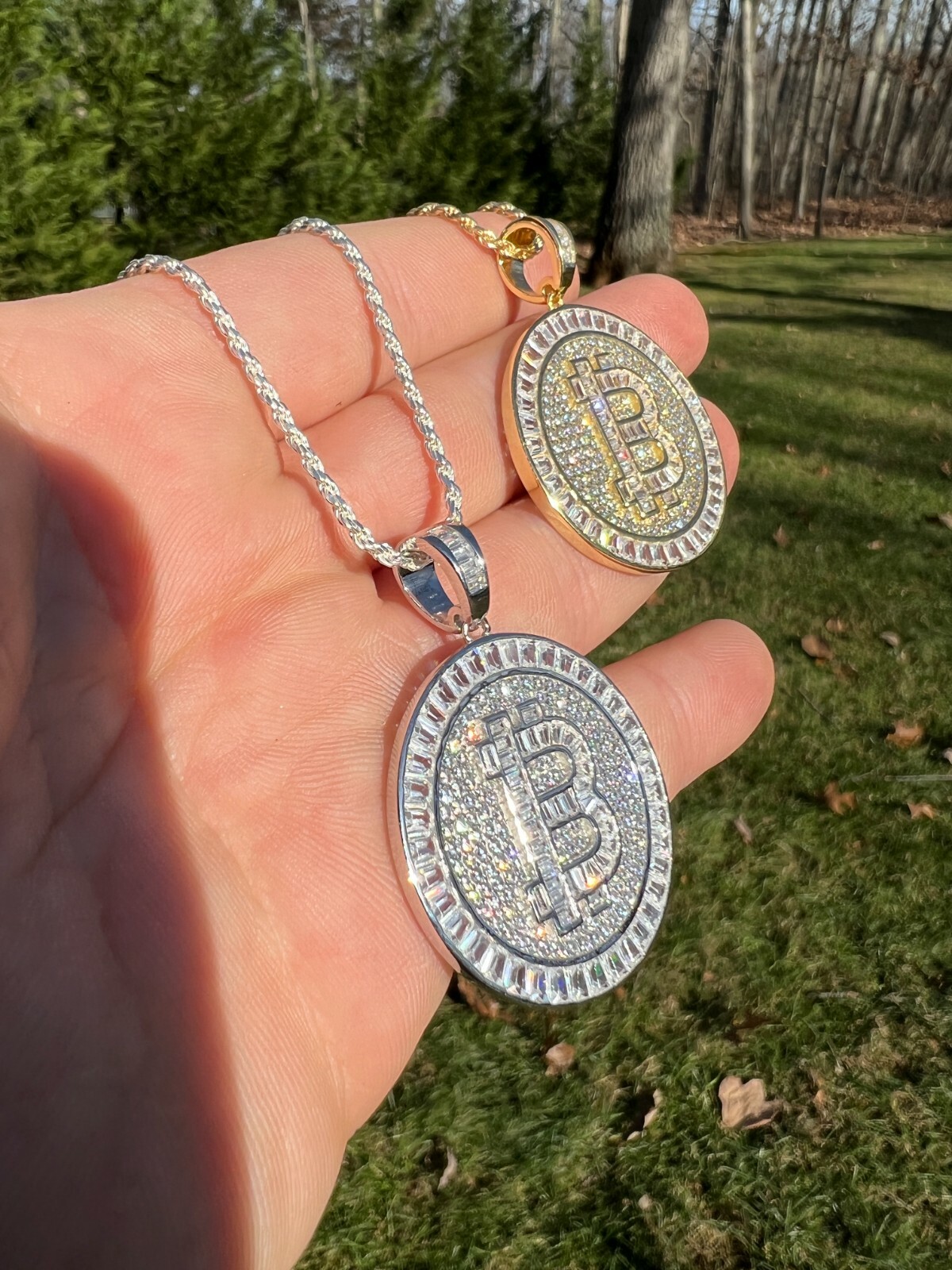 Solid 925 Silver 14K Gold Plated Bling Out BITCOIN CZ Hip Hop Pendant Necklace