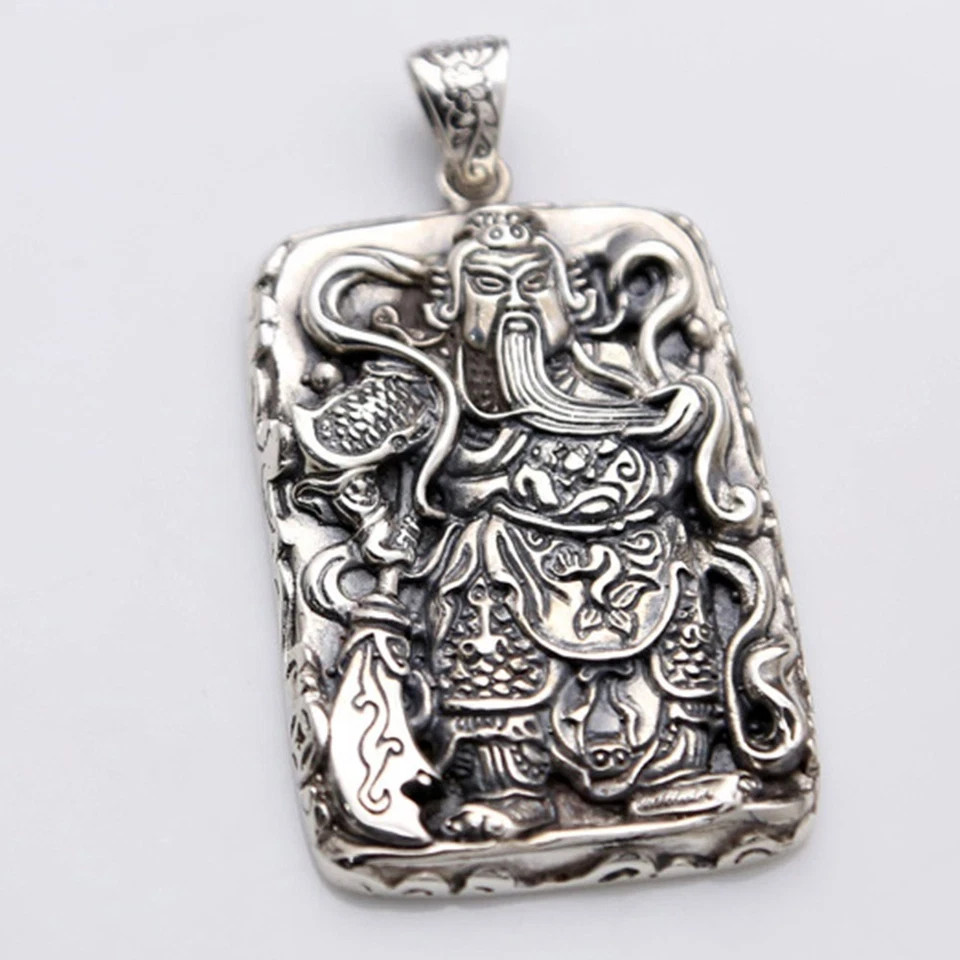 Pure S925 Sterling Silver Men Women Carved Dragon Guangong Oblong Pendant 34-35g