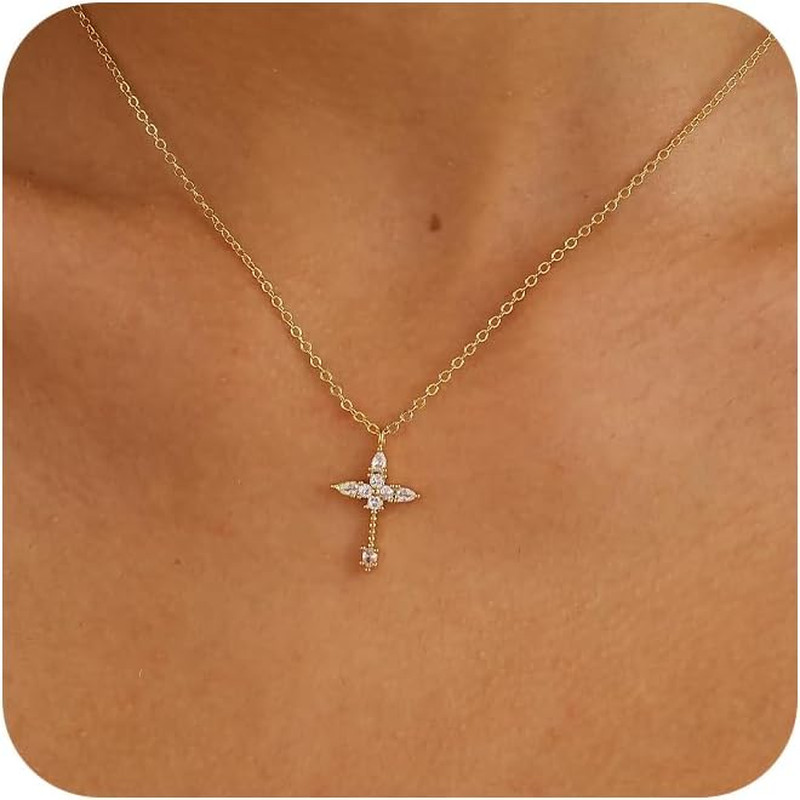 Cross Necklace for Women, 14K Gold Plated Pendant Necklace