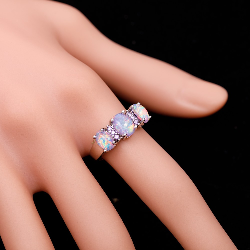 3 Lavender Purple Fire Opal Cabochon CZ Silver Jewelry Women Ring Size 6 7 8 9