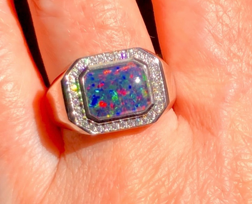 Heavy SS 10 SOLID Natural Australian Black Red Opal Men’s ring Signet SEE VIDEO
