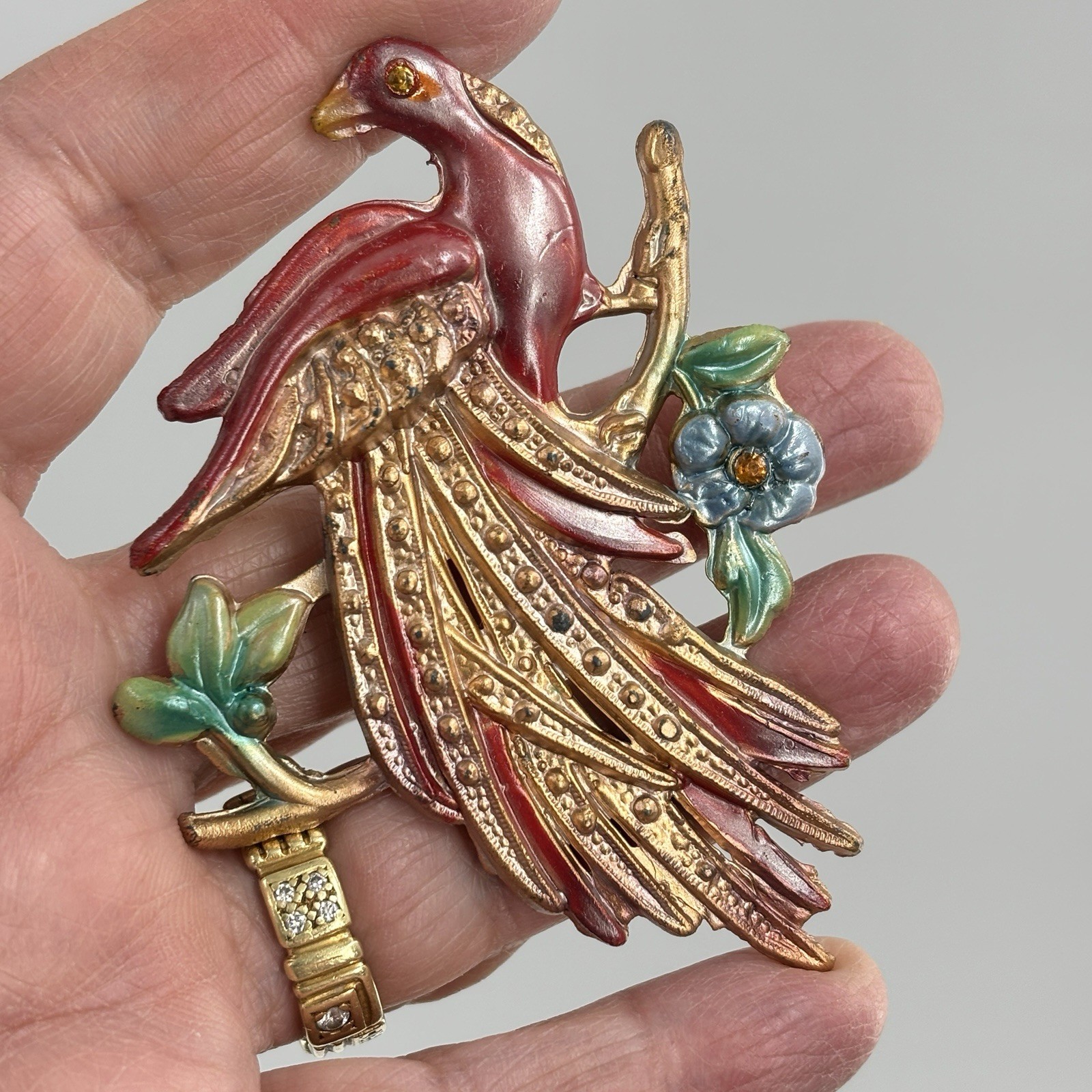 Vintage Pot Metal and Enamel Brooch Pin Exotic Bird Flowers Tropical Paradise