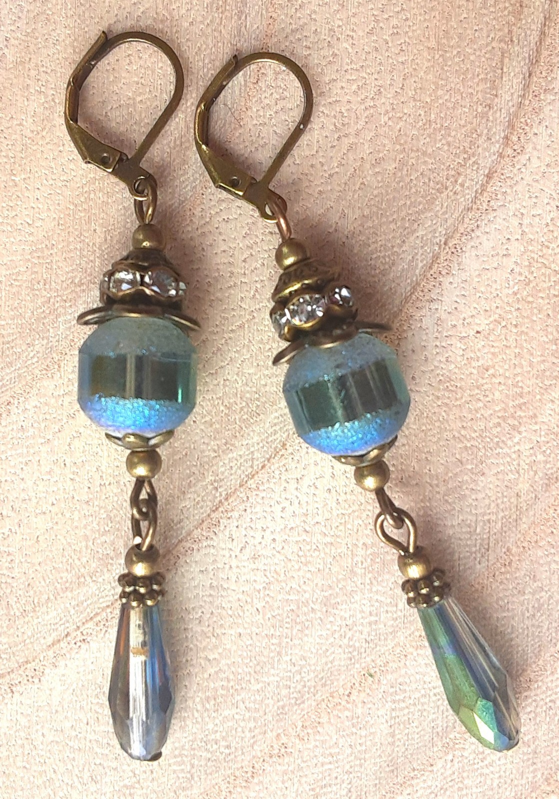 Banded Frosted CRYSTAL dangle earring Bronze LEVERBACK handcrafted #DMX