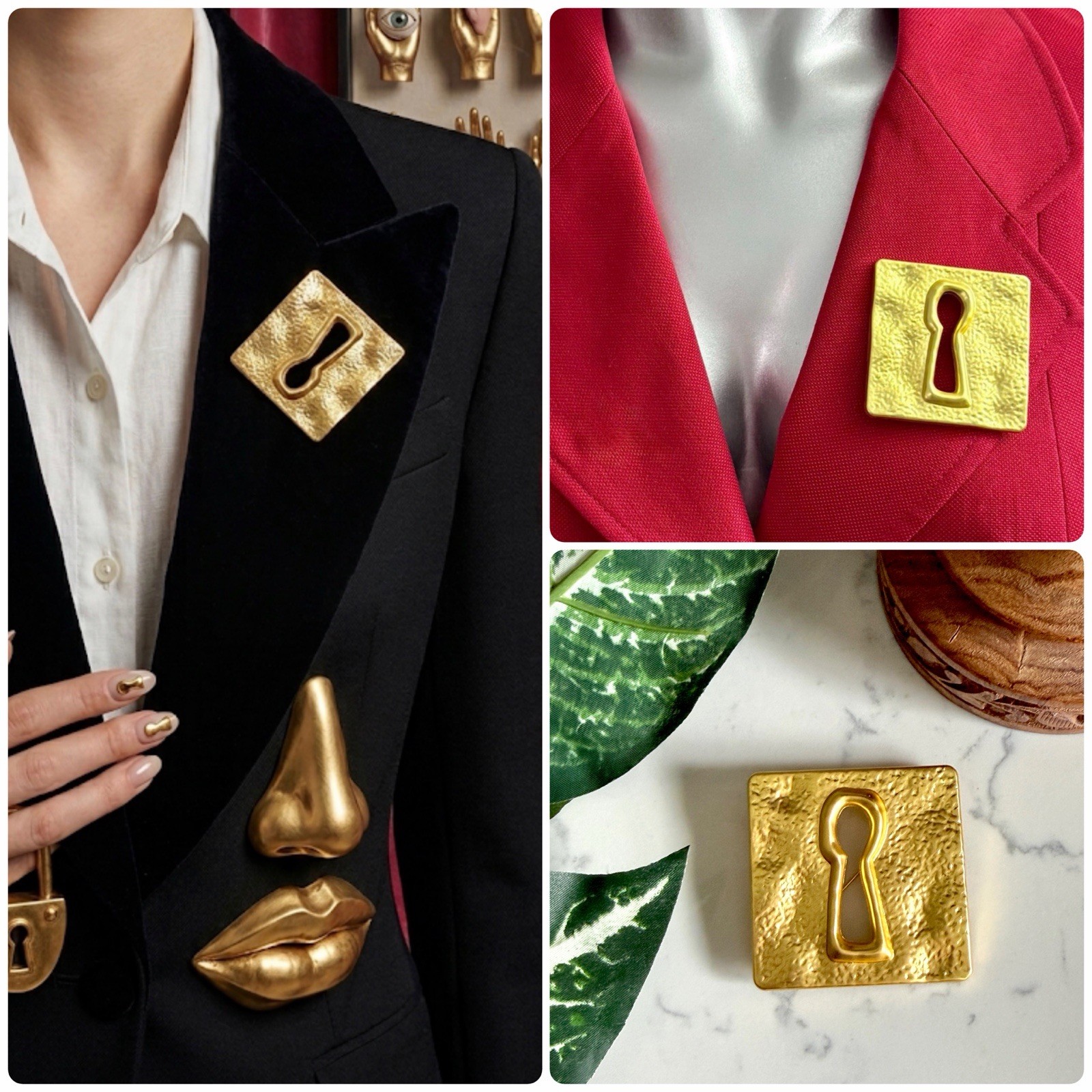 Gold Metal Keyhole Brooch Lapel Pin Accessory Schiaparelli Inspired Lock Key