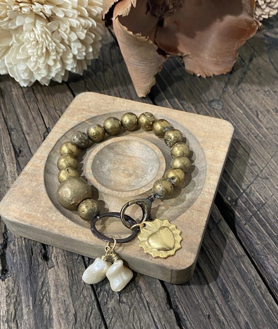 Druzy Agate & Baroque Pearl Antique Brass Bracelet with Flaming Heart Charm