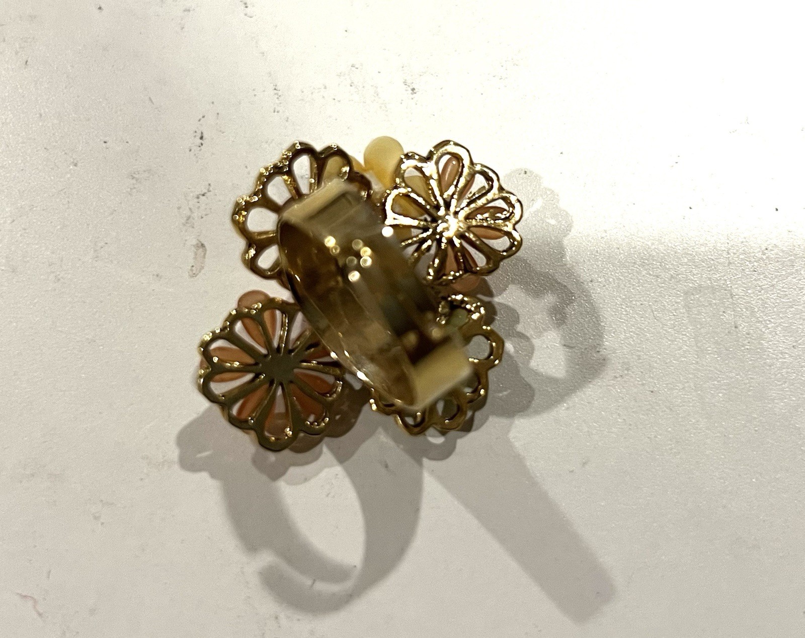 Vintage Style Floral Statement Ring Gold Tone Rhinestone Carved Rose Cocktail