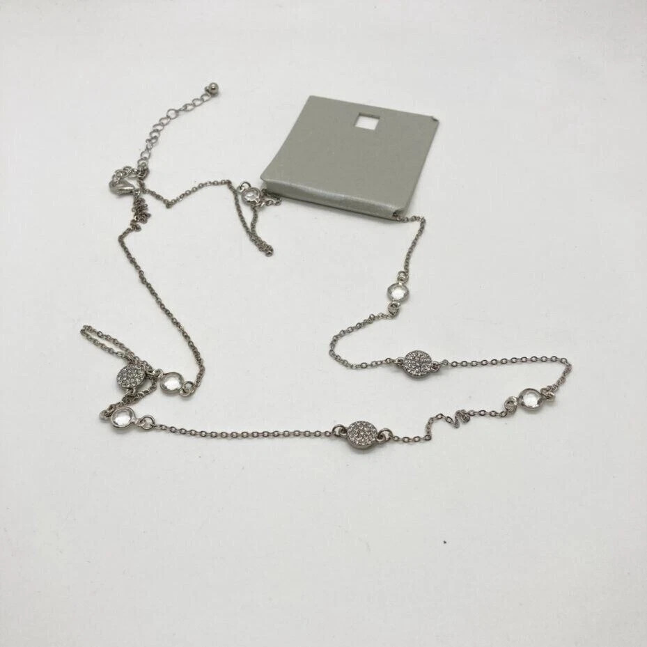 Hudson Moon Silver Tone Clear Stone Station Necklace Long Chain Fashion Jewelry