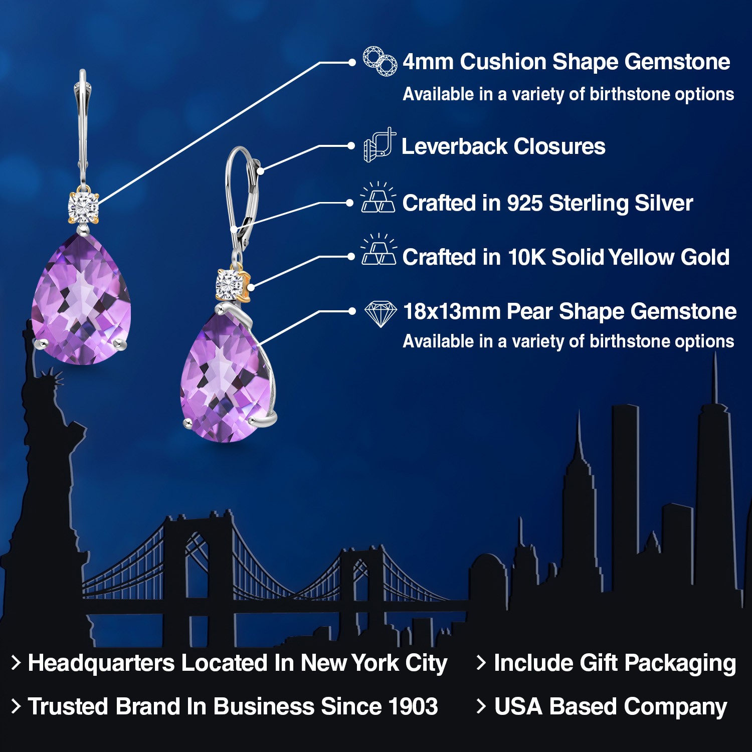 925 Silver and 10K Yellow Gold Amethyst and Zirconia Dangle Earrings for Women