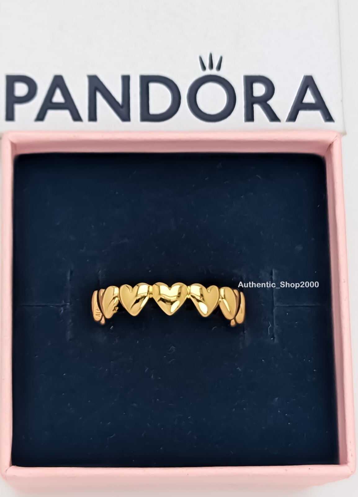 New 100% Authentic PANDORA 14k Gold Plated Be Love Row of Hearts Ring 163427C00