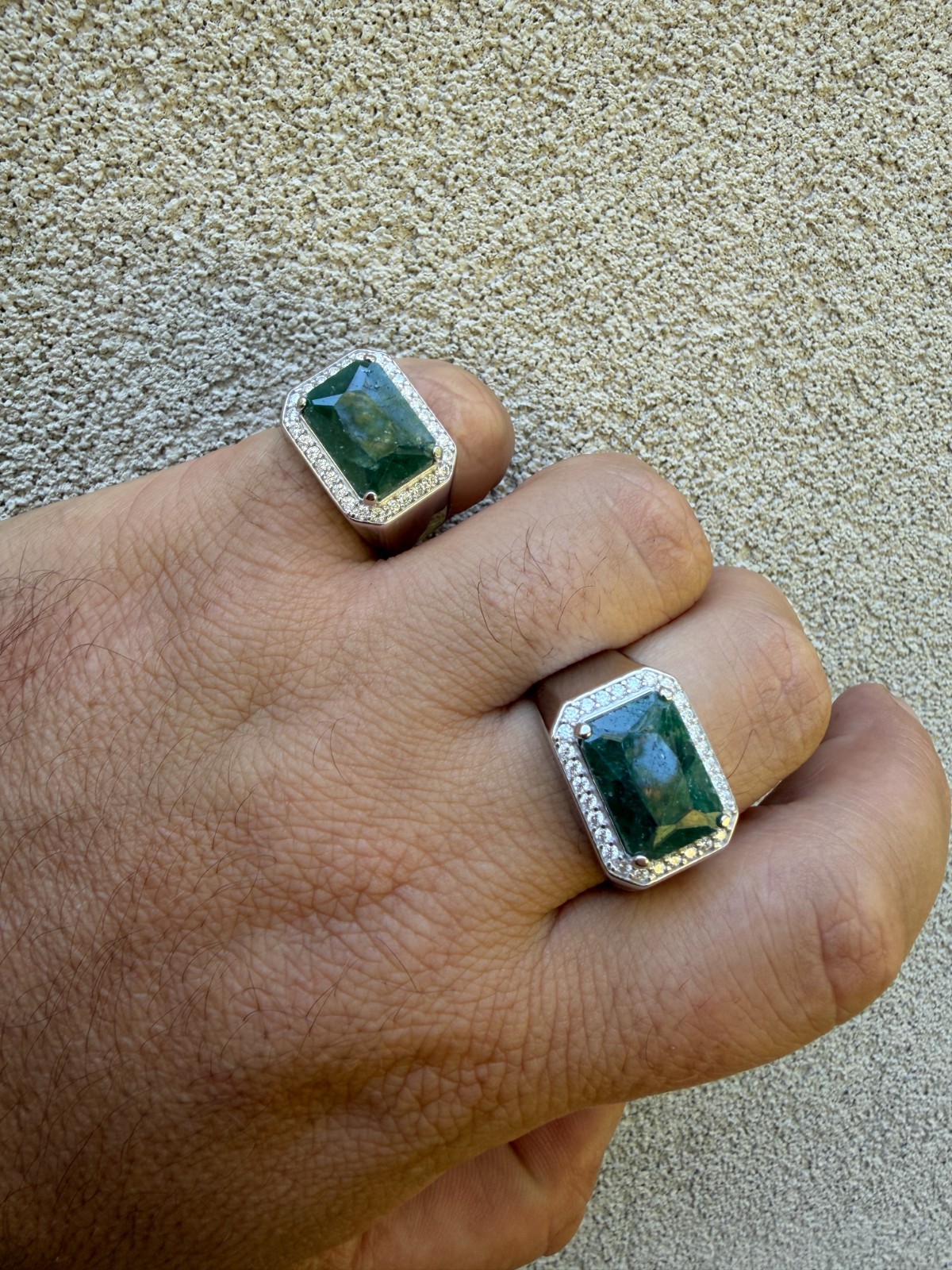 MOISSANITE Iced Natural 9ct Rectangle Green Emerald Stone Ring 925 Silver