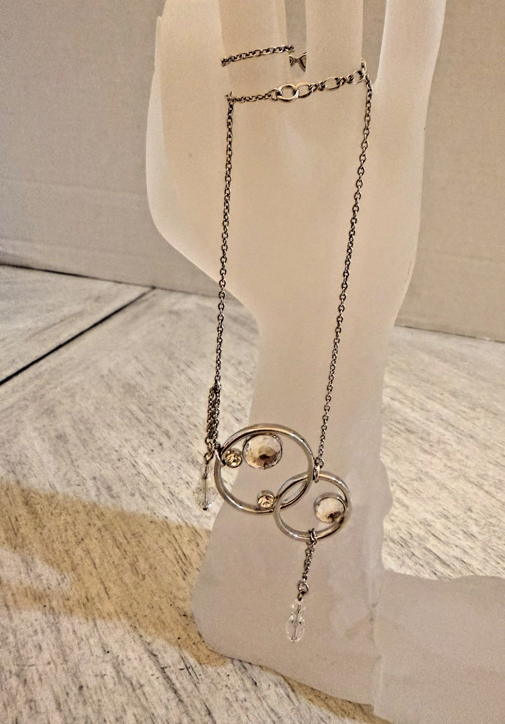 Swarovski Crystal Necklace Conjoined Circles Bezel Set Cascading Teardrop Signed