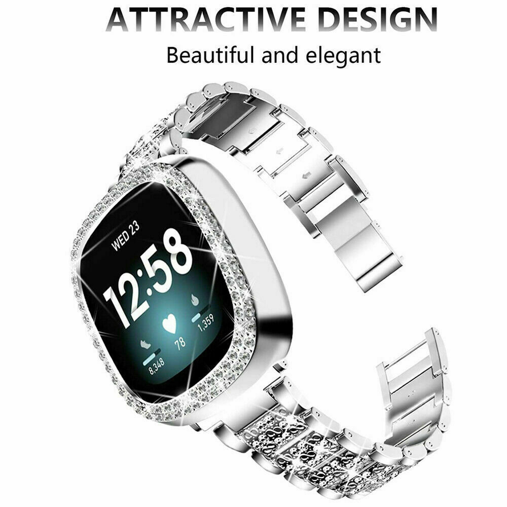 Bling Metal Watch Band Bracelet Strap With Diamond Case for Fitbit Versa 3/Sense