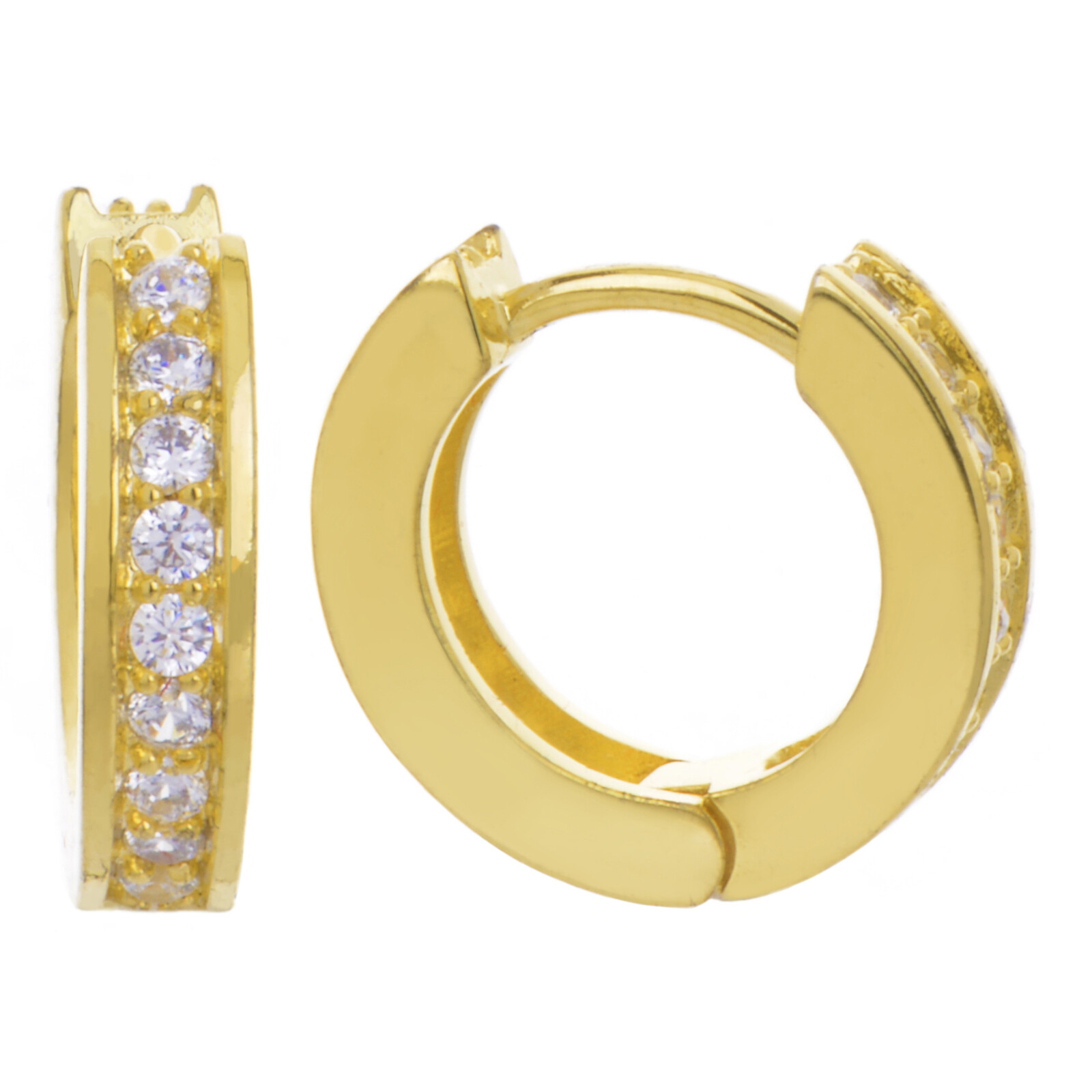 Men’s Women’s Iced Huggie Hoop Hinged Snap 14K Gold Plated Earrings HE 115 G