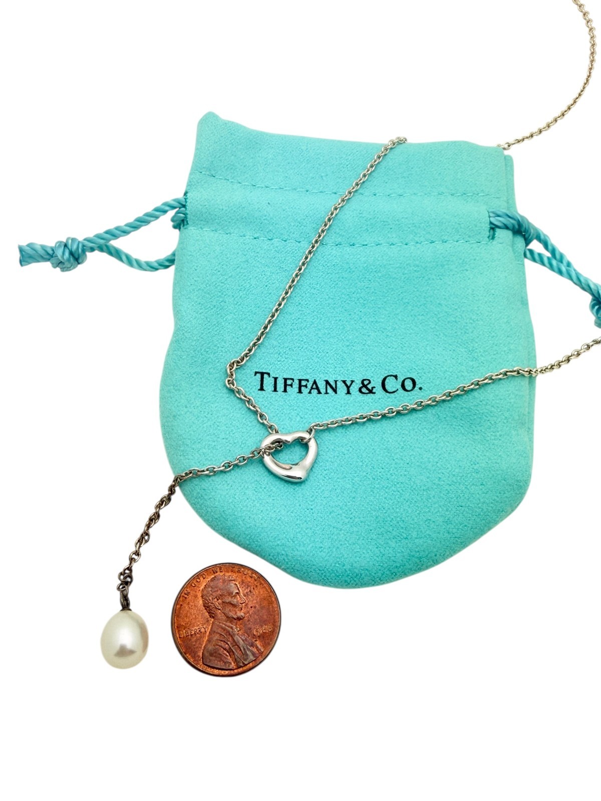 Tiffany & Co. Sterling Peretti Open Heart Pearl Lariat Pendant Necklace 18″