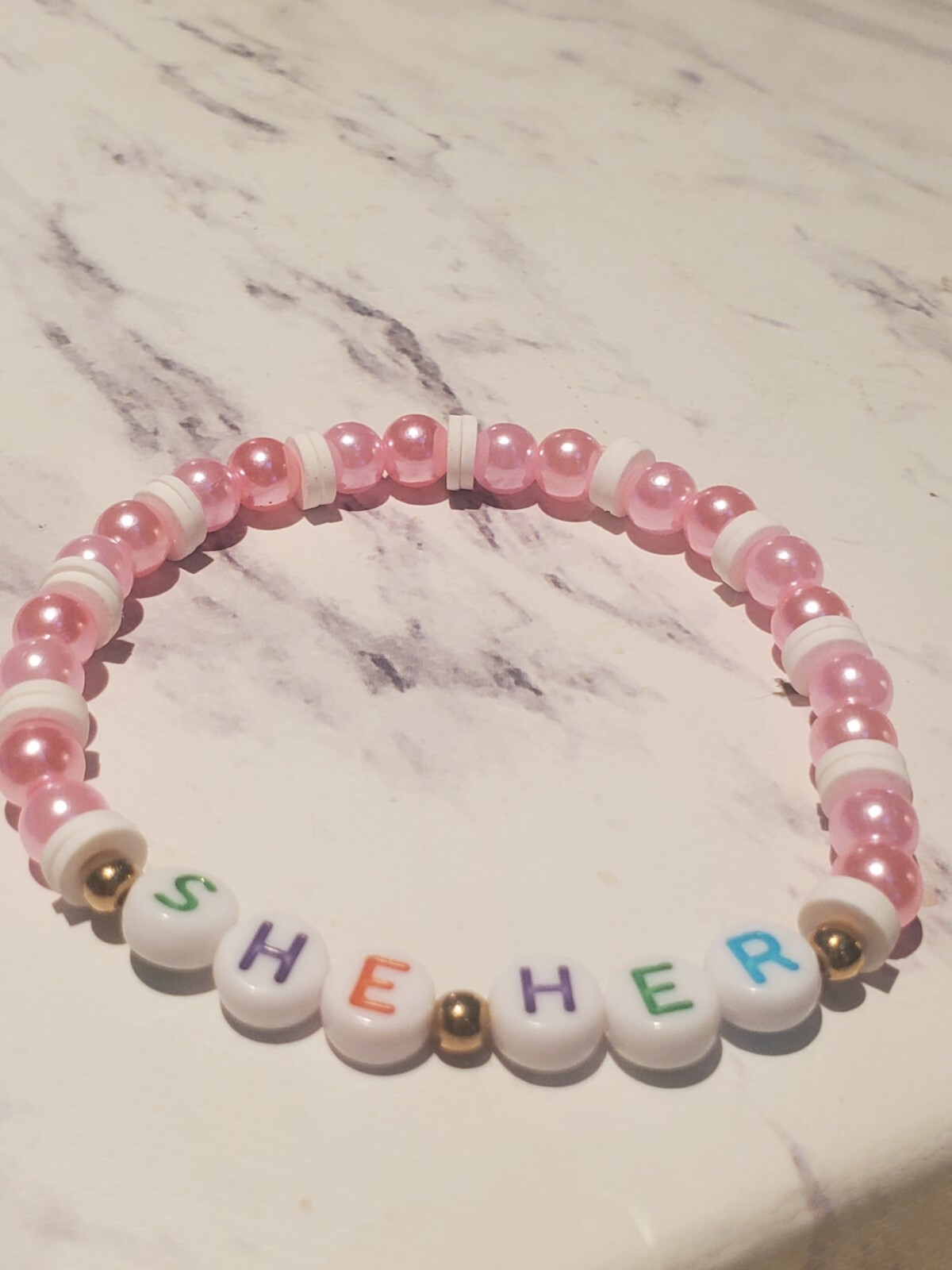 Handmade “She Her” Pink & White Beaded Bracelet