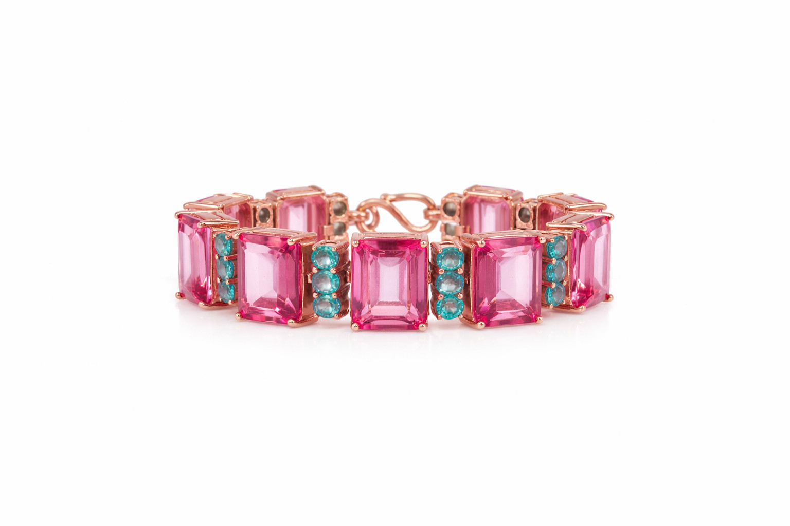 Thai Handmade Pink Mystic Topaz(114.2 ct.) Sea Foam Blue Zircon Bracelet 7.5 In.