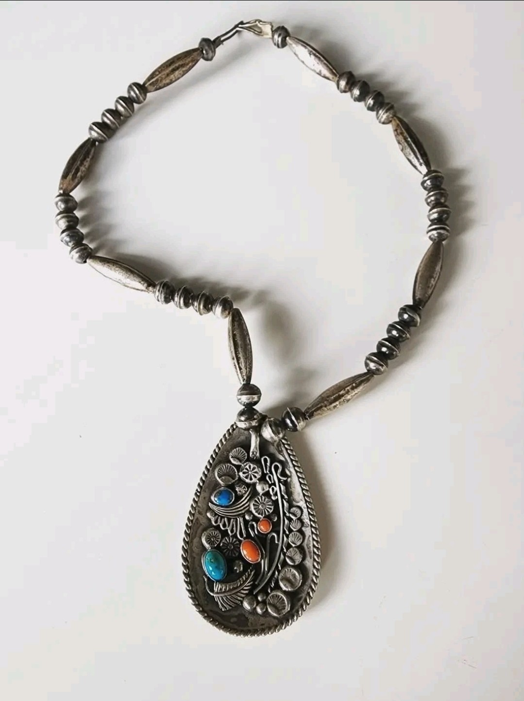 Vintage Navajo ROGER SKEET Necklace Sterling Silver Turquoise Coral
