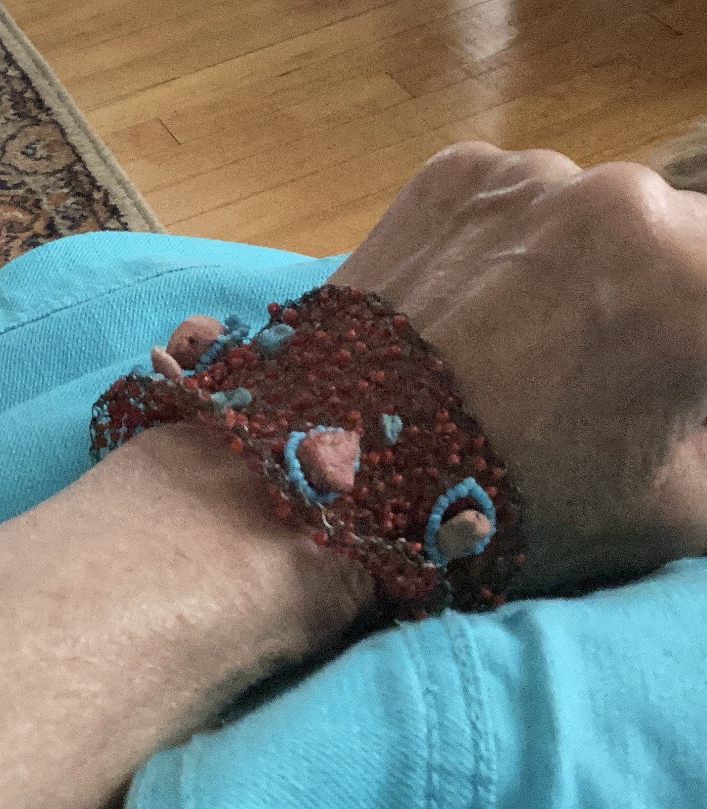 Handmade Knitted Wire, Bead, and Stone Bracelet Red and Aqua – One Of A Kind