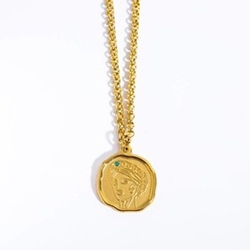 18K Gold Plated Stainless Steel Necklace Greek Earth Goddess Gaia Green CZ