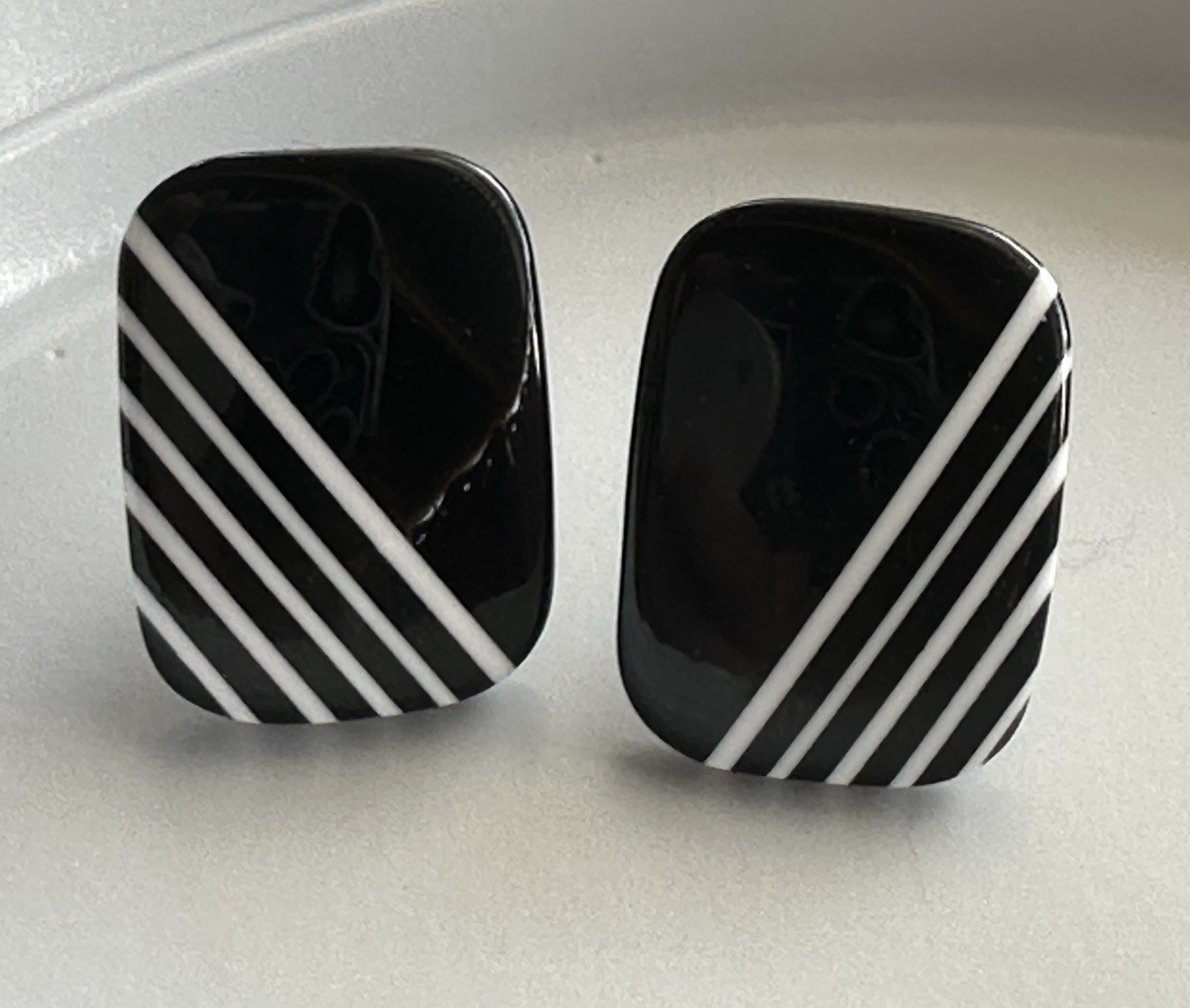 Rectangle Black & White Striped Stud Earrings No Stone Plastic Butterfly Closure
