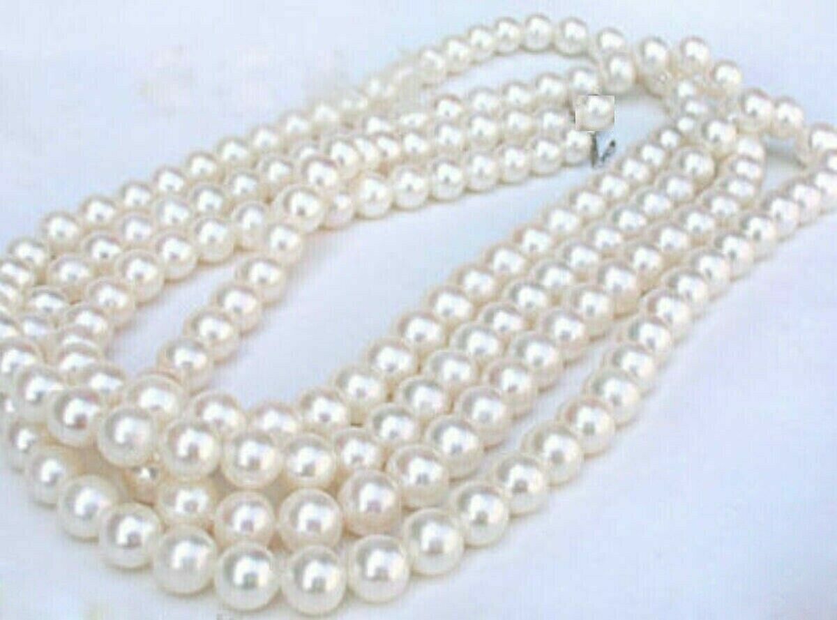 AAAAA 7-8MM perfect Akoya white pearl necklace 36 inch 14k Yellow Gold Clasp