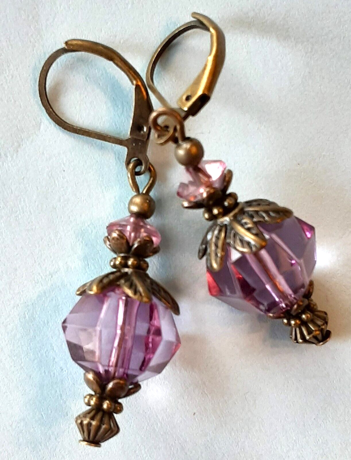 PLUM ACRYLIC CRYSTAL lightweight earrings BRONZE LEVER BACK artisan XX