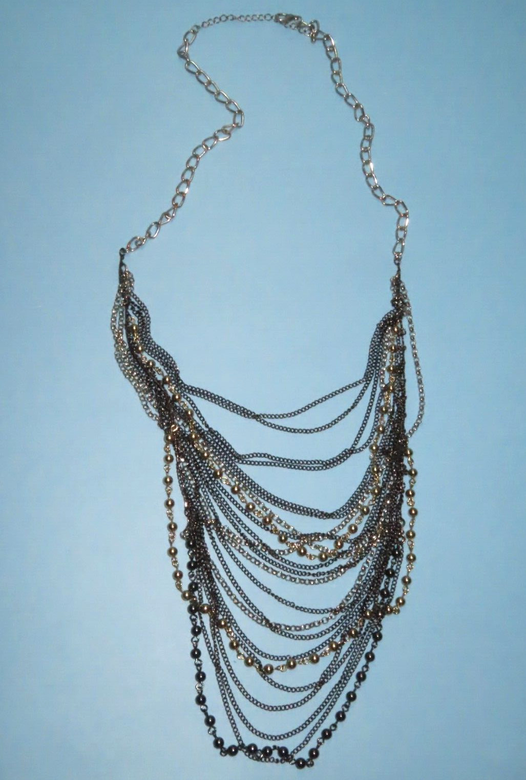 Black, Silver & Gold Tone Multi Strand Statement Necklace 40″ Long