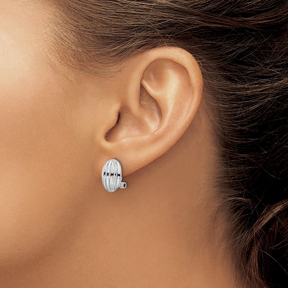 13.25mm Sterling Silver Rhodium-plated Striped Oval Non-Pierced Earrings
