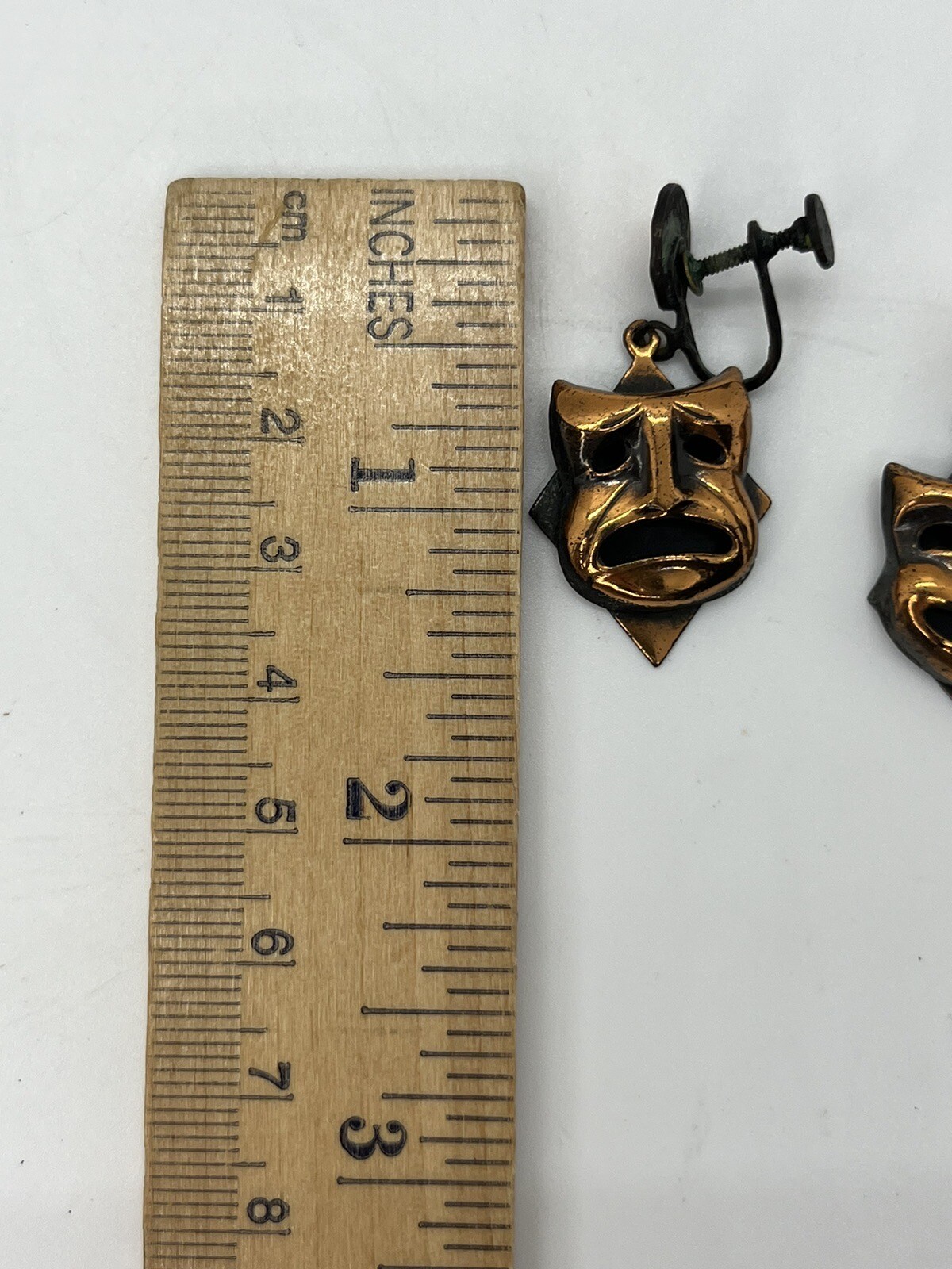Vintage Drama Comedy & Tragedy Face Masks Copper Dangle Screwback Earrings