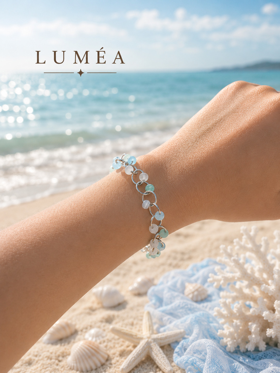 LUMÉA Handmade Cat Eye Glass Bead Bracelet – Aqua Mint & Moon Pearl White