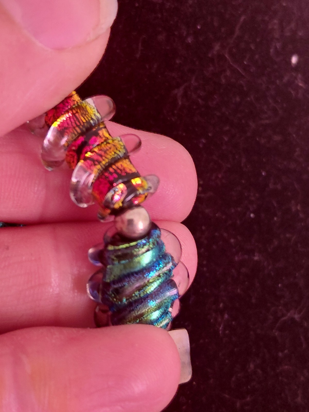 RARE: 1970 HANDMADE DICHROIC GLASS Disk Necklace-Heavy Solid Sterling Hardware
