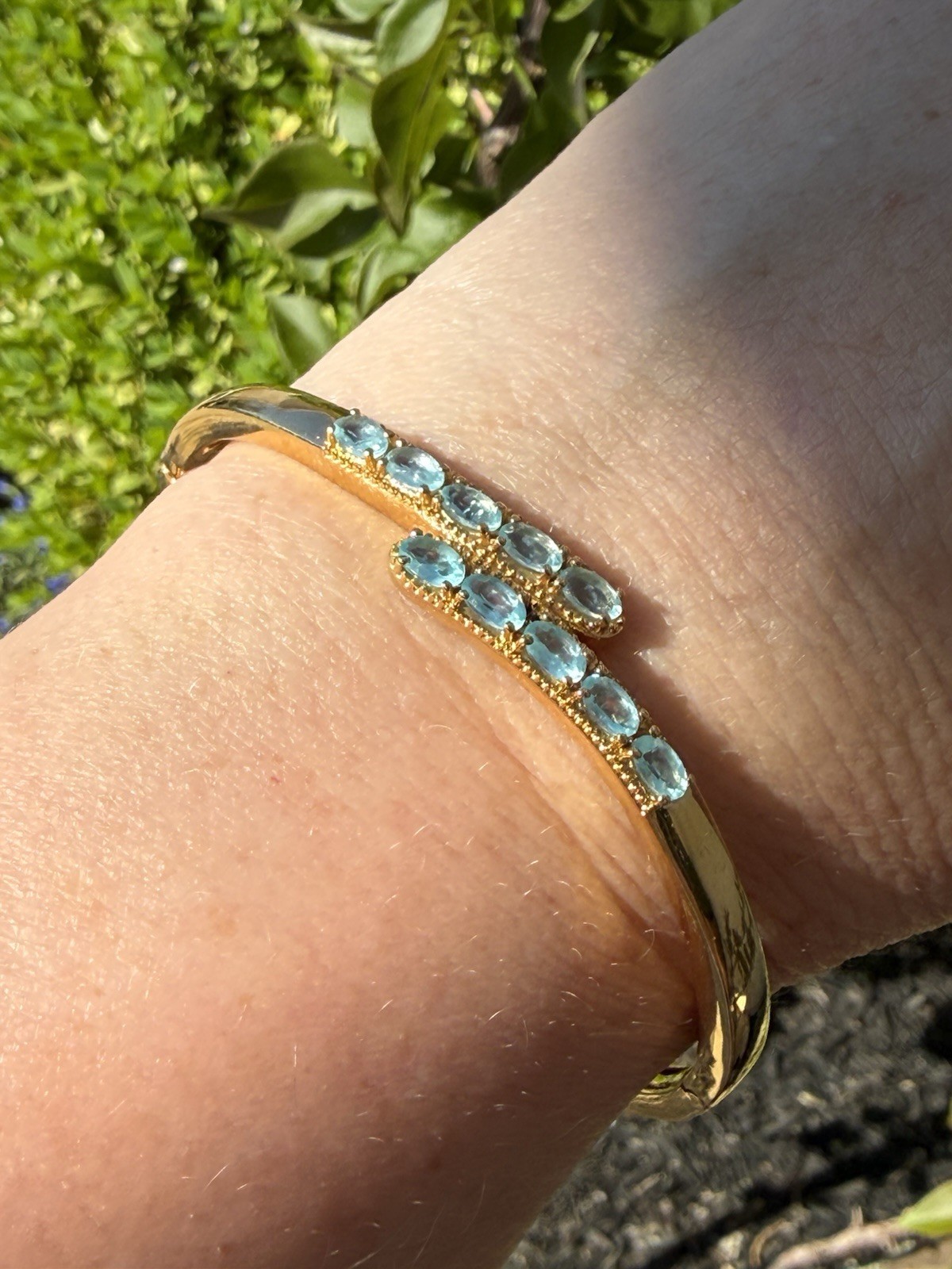 Karis STS Gold Plated Hinged Aqua Madagascar Paraiba Apatite Bangle Bracelet