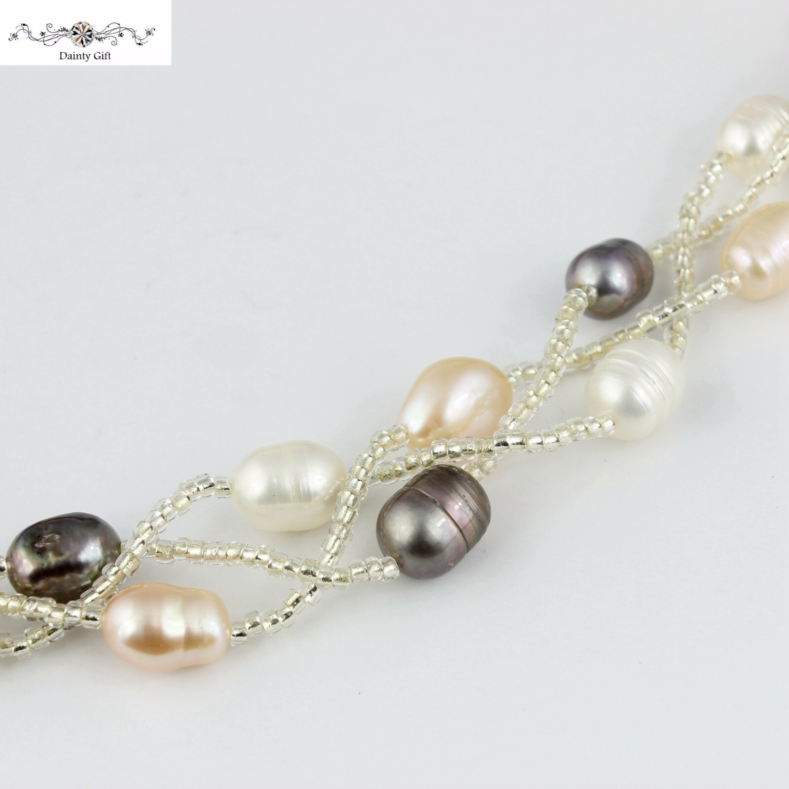 Women Real Black Pearl / Pink /White Pearl Twist Bead Mix Pearl Bracelet 7.5″