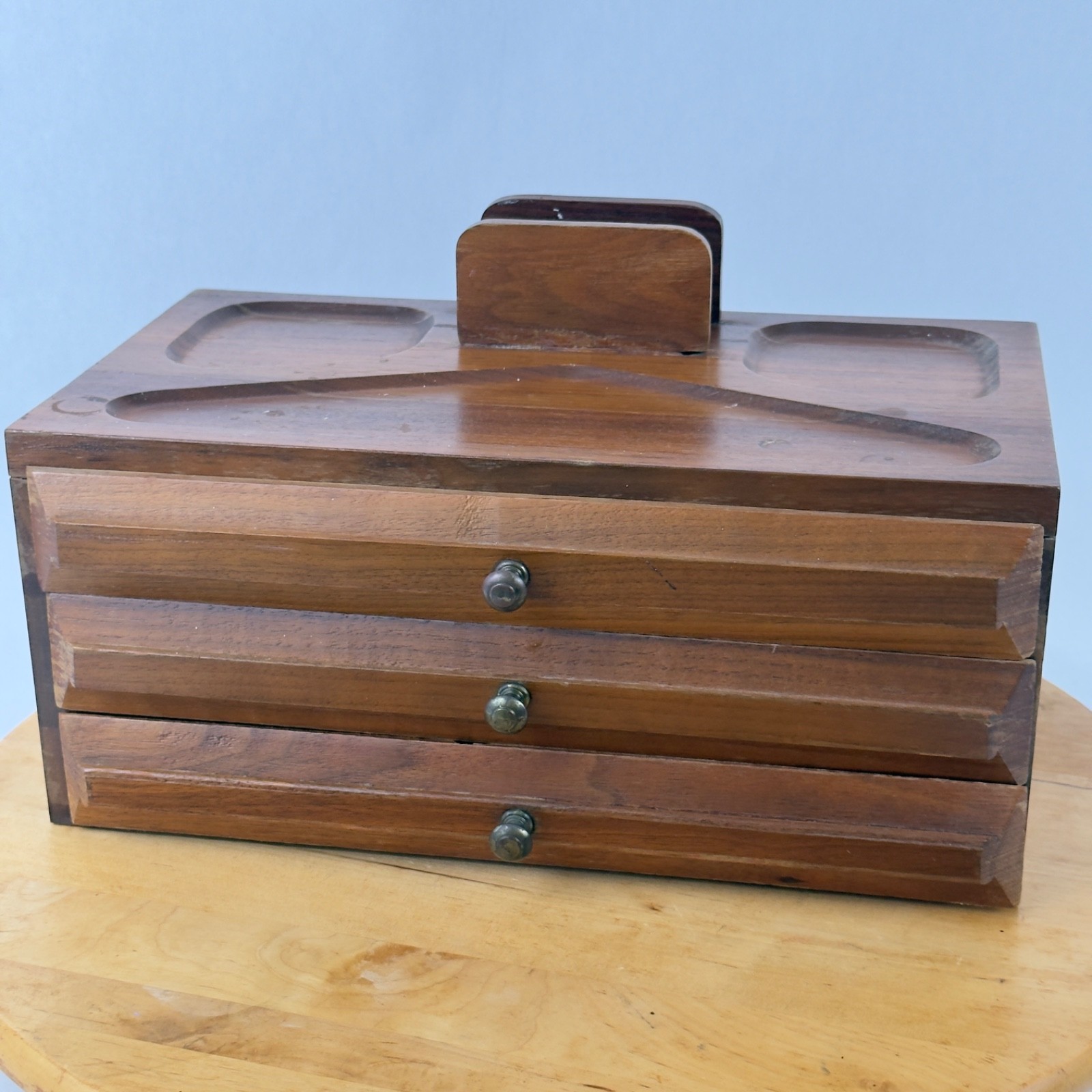 Mid Century Walnut Wood Desk Organizer Jewelry Desk Valet Box w Drawers Catchall