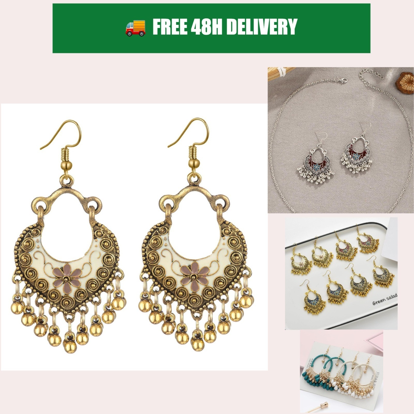 Bohemian Vintage Earrings with Metal Hoops & Beaded Tassels