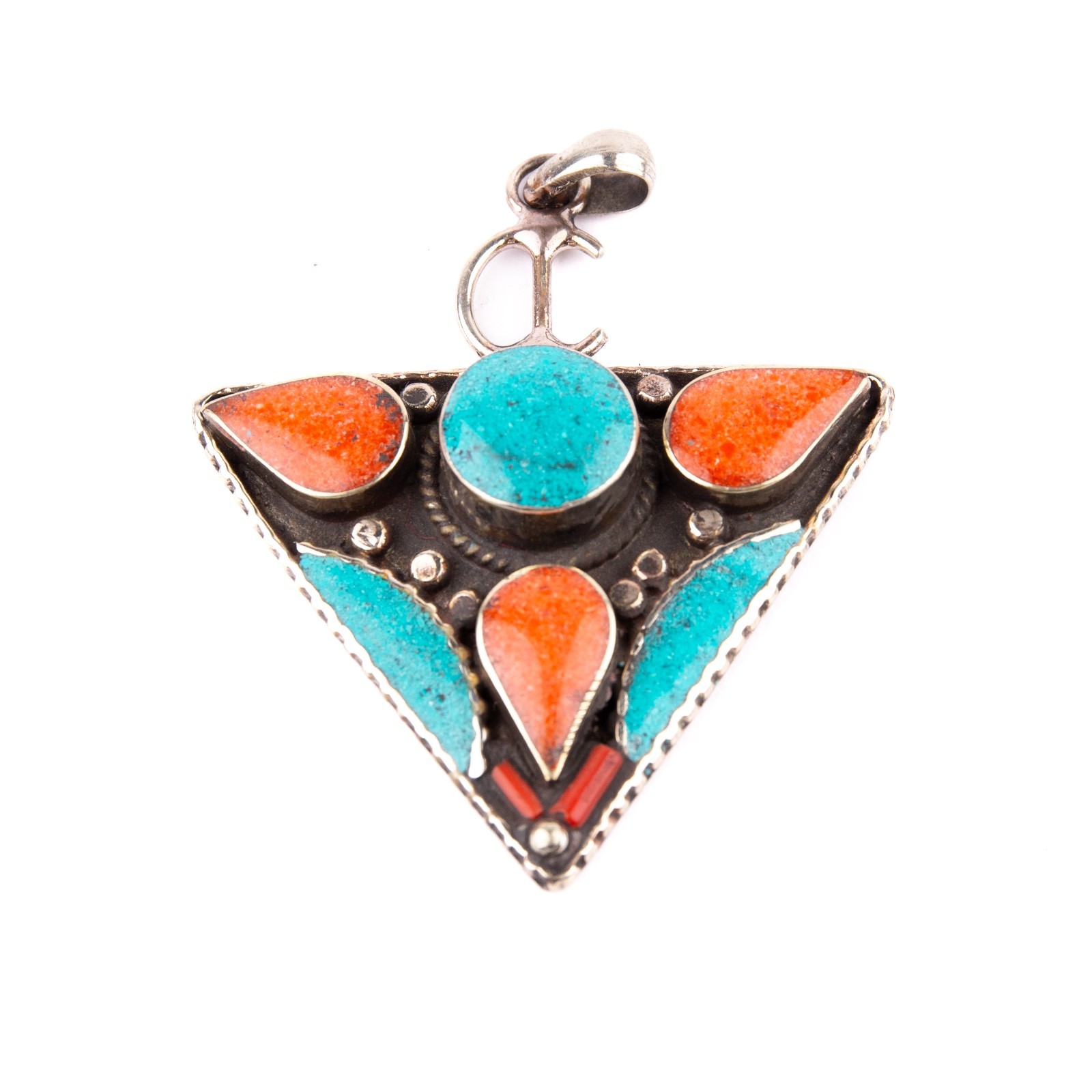Tibetan Pendant, Tazerzit Pendant, Turquoise Stone Amulet Coral, Handmade
