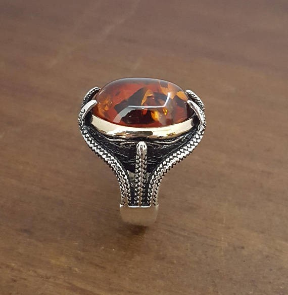 Solid 925 Sterling Silver Natural Baltic Amber Gemstone Signet Men’s Unisex Ring