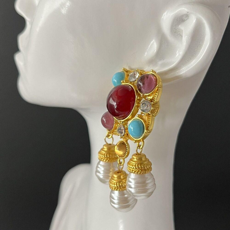 Dangle Earrings Matte Gold Faux Pearl Turquoise Pierced