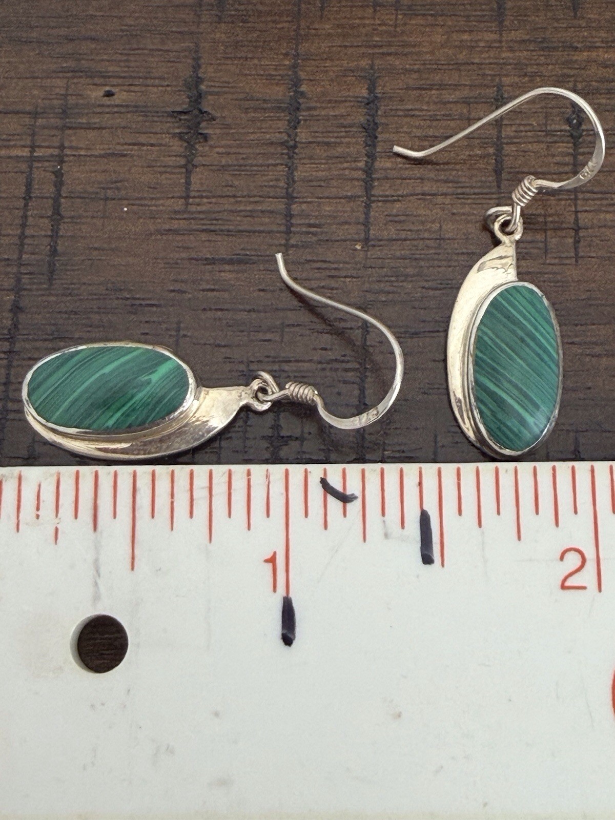 925 Sterling Silver Malachite Oval Bezel Dangle Hook Earrings Signed 1.5″