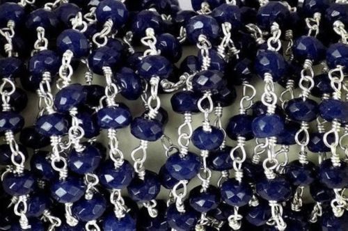 5-25 Feet Lapis Blue Chalcedony Rondelle Faceted 3-4mm Beads, Silver Wire Chain
